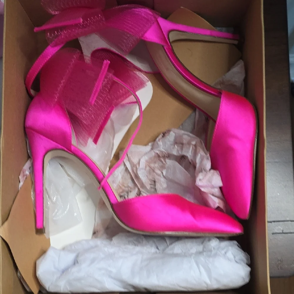 Jessica Simpson Hot Pink Satin Bow Ankle Strap Heels - Picture 4 of 5